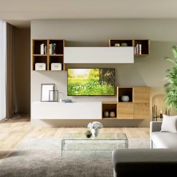 Parete soggiorno Isoka A45 L.294 P.39,5 Bianco e Quercia