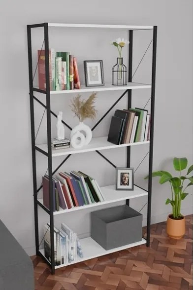 Libreria 5 Ripiani Stile Industrial 88x34x180 Jacob Bianco