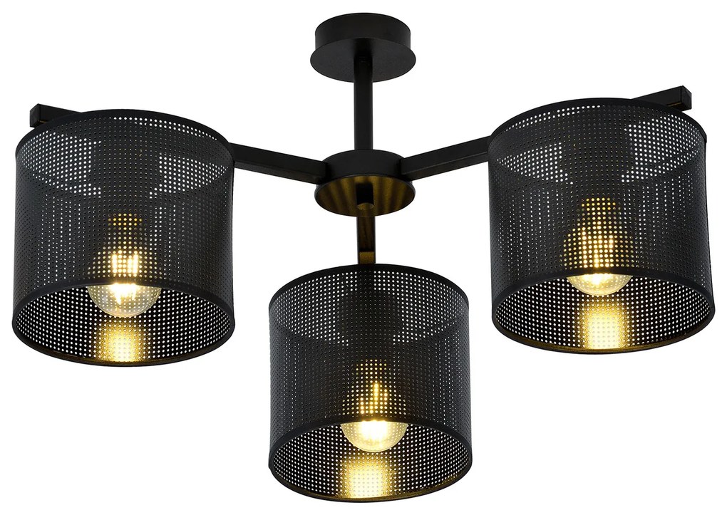 Plafoniera Industrial 3 Luci Cigno In Acciaio Nero E Paralumi A Cilindro