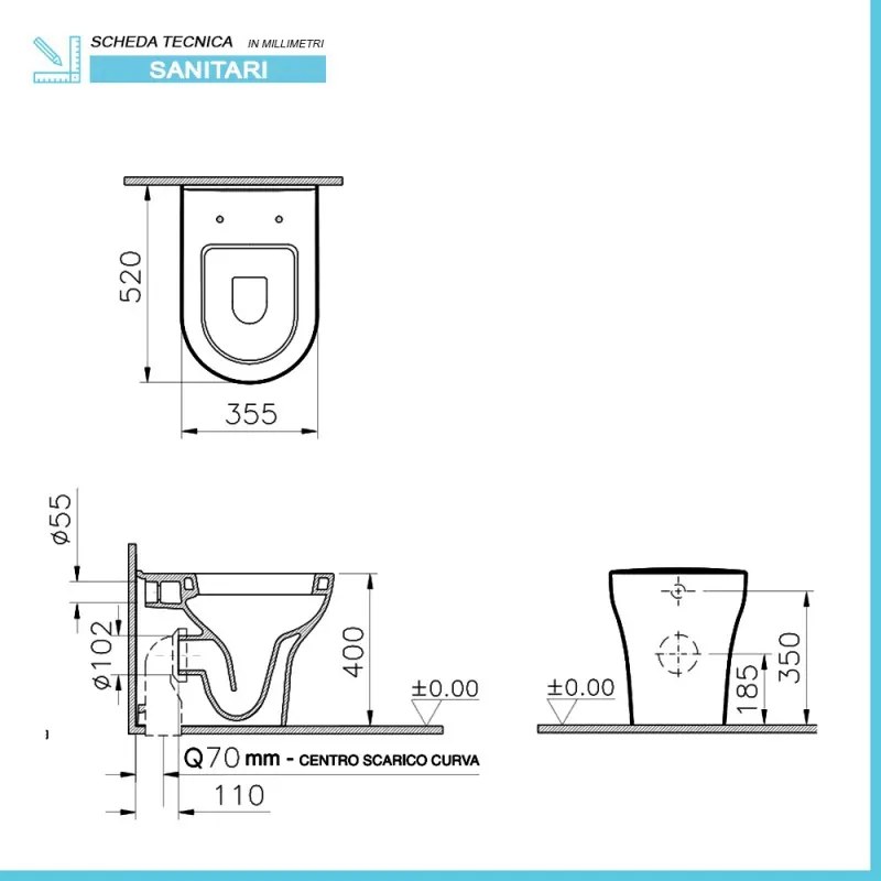 Wc filomuro con brida in ceramica bianca con scarico universale   Pestum