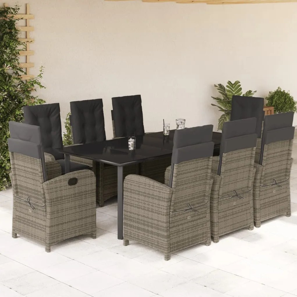 Set da pranzo da giardino 9 pz con cuscini in polyrattan grigio