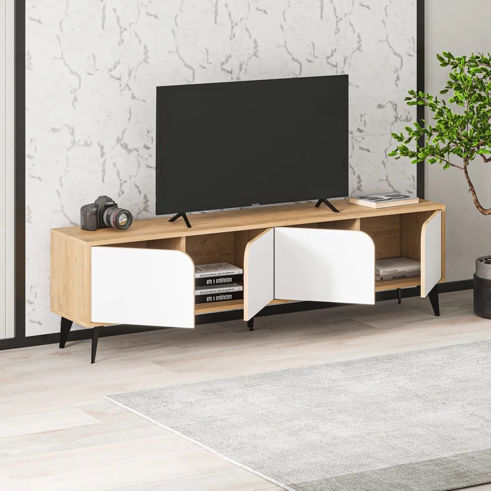 Tavolo TV in rovere decorato in bianco e naturale 180x51 cm Nola - Marckeric