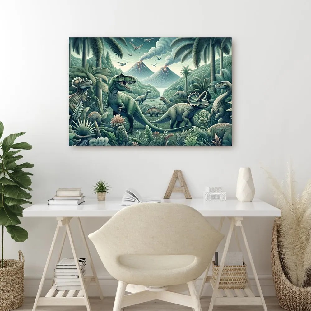 Quadro su tela – Dinosauri nella giungla con vulcani