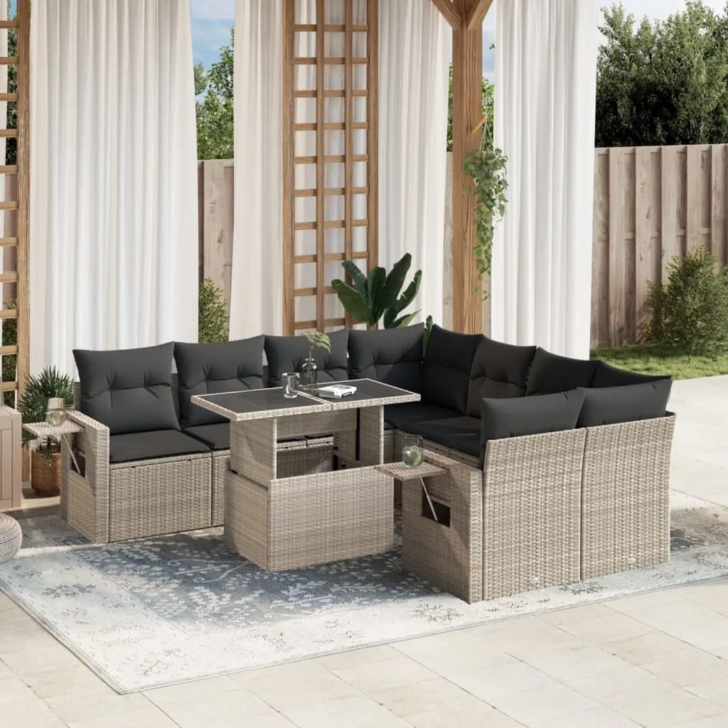 Set divano da giardino 9pz con cuscini grigio chiaro polyrattan