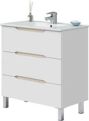 Mobile Da Bagno 80 Cm 3 Cassetti Con Piedini E Lavabo In Ceramica Lea Bianco Lucido