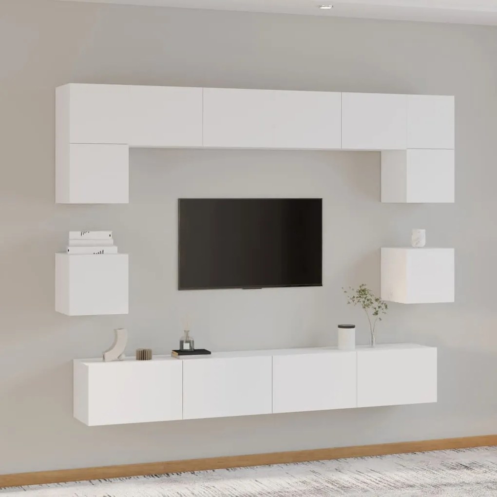 Set mobili porta tv 8pz bianco in legno multistrato