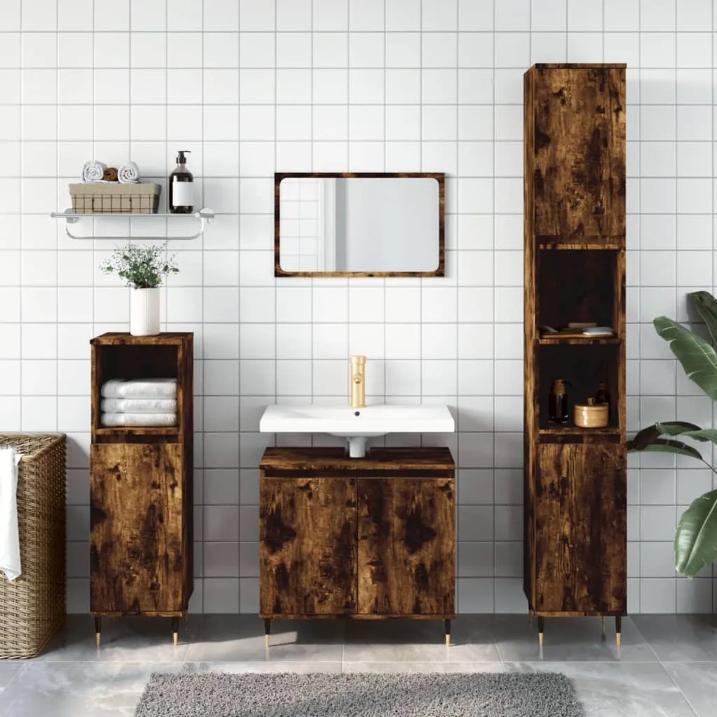 Set Mobili Da Bagno 3 Pz Rovere Fumo İn Legno Multistrato /