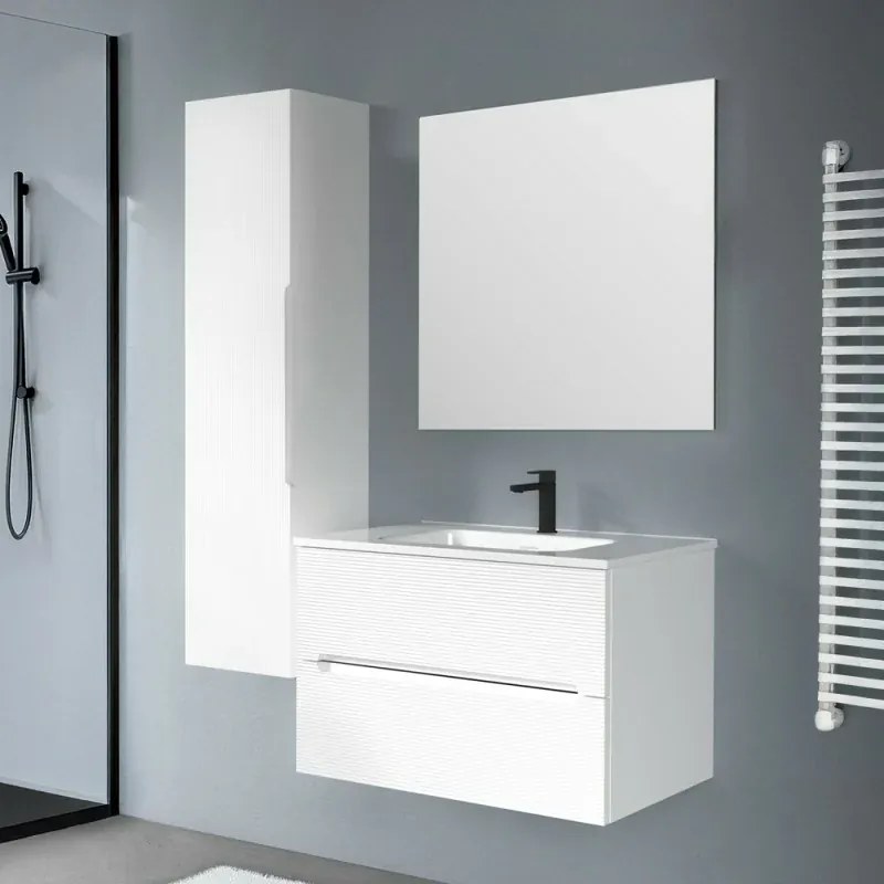 Mobile bagno sospeso 80 bianco cannettato 2 cassetti lavabo e specchio Rigo
