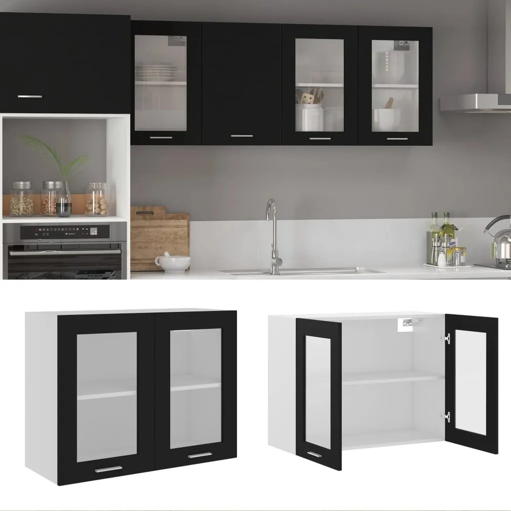Mobile Pensile Con Vetro Nero 80x31x60 Cm Legno Multistrato /