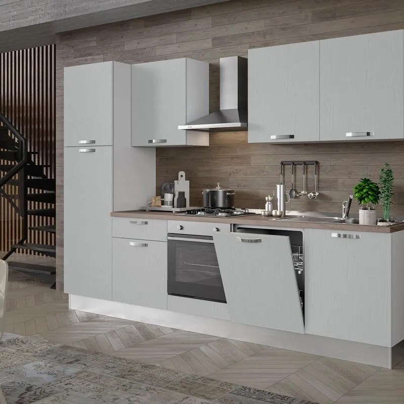 Cucina montata Dora bianco spatolato, lavello a destra, L 300 cm, completa di: cappa a camino, piano cottura a gas, forno, frigorifero e lavastoviglie