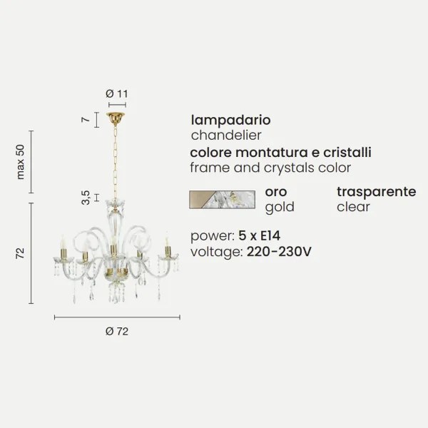 Lampadario a sospensione in cristallo D72 cm MARIATERESA liscio 5 luci