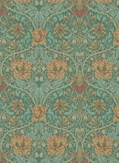 Morris & Co Carta da parati Honeysuckle & Tulip - Emerald/ Russet