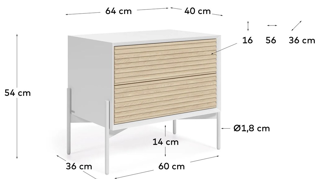 Kave Home - Comodino Marielle in legno di frassino laccato di bianco 64 x 54 cm