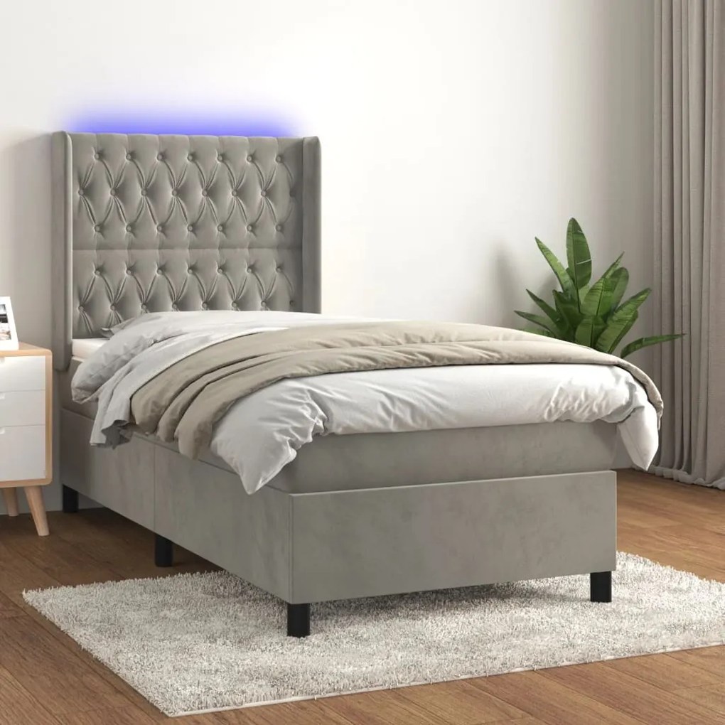 Letto A Molle Materasso E Led Grigio Chiaro 90x190 Cm Velluto /