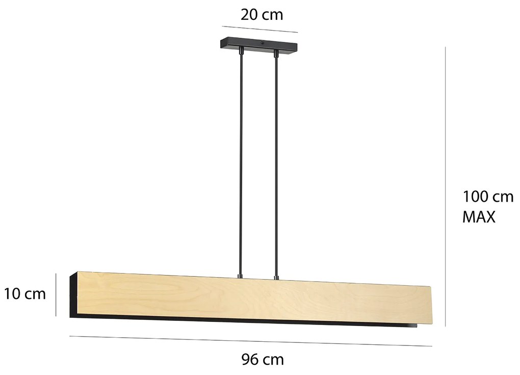 Lampadario 4 Luci Merlino In Acciaio Nero Corpo Rettangolare E Legno Naturale