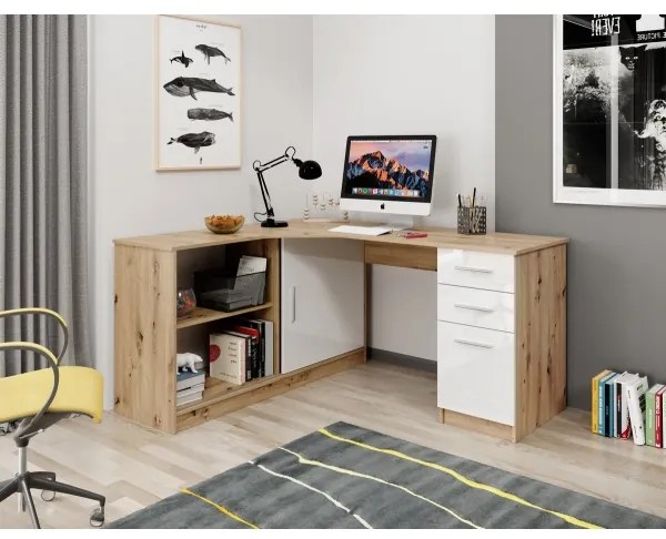 Scrivania con ripiano e cassetti ROBERTO, lato destro, rovere artisan/bianco