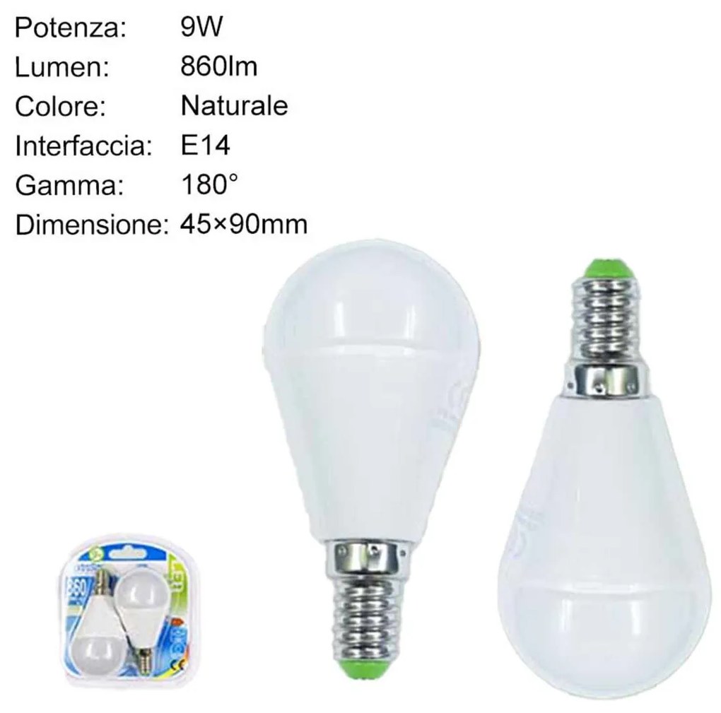 2 PZ Lampadina A Led E14 P45 G45 9W Luce Neutra 860 Lumen 4200K