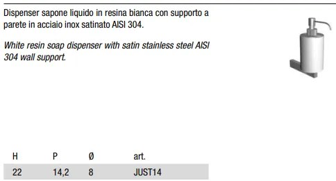 Dispenser per sapone liquido in resina bianca con supporto a parete in acciaio inox satinato AISI 304 Antonio Lupi Just14