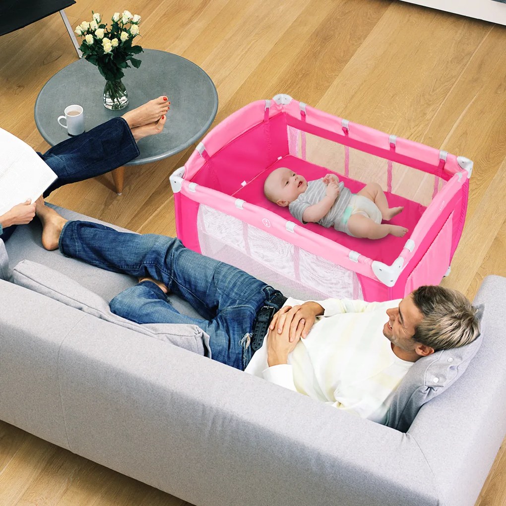 Costway Culla per bimbo pieghevole con zanzariera 124x65x121cm, Lettino bimbo a due livelli regolabile Rosa