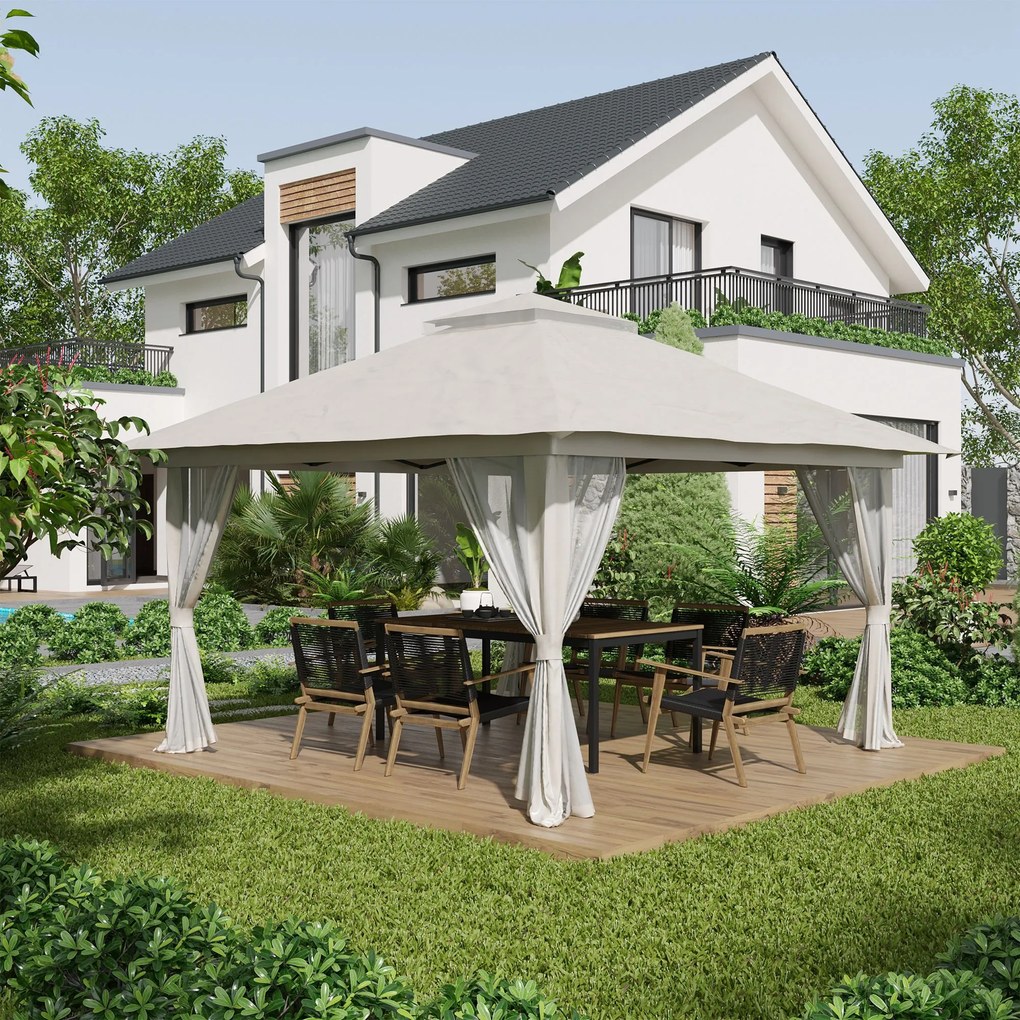 Gazebo Pieghevole 4x4 m ad Altezza Regolabile con Zanzariera e Borsa in Metallo e Tessuto Oxford Crema...