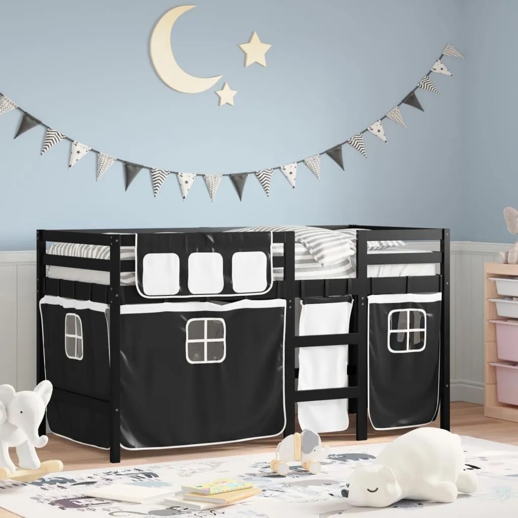 Letto a soppalco con tende bambini bianco e nero 80x200 cm pino