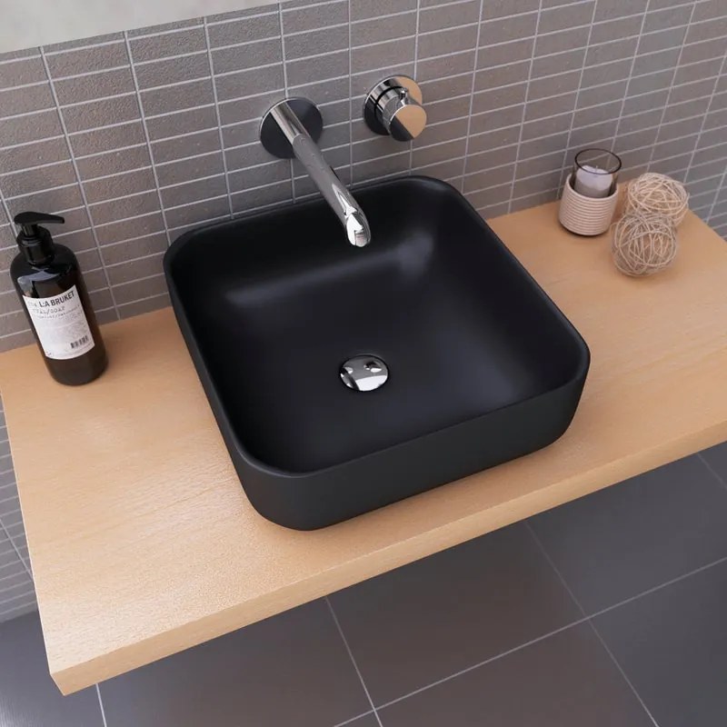 Lavabo da appoggio Catania SANYCCES quadrato piletta non inclusa in ceramica L 38.5 x H 13.5 x P 11 cm nero opaco piletta non inclusa