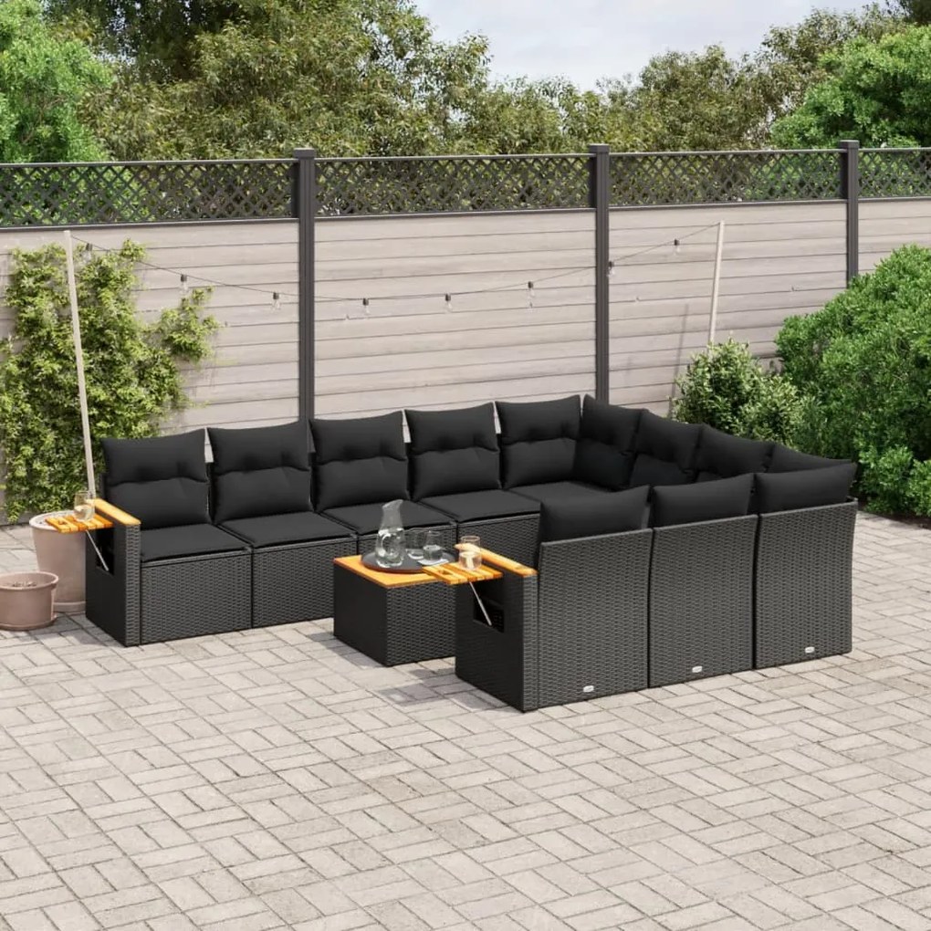 Set Divani da Giardino 11 pz con Cuscini in Polyrattan Nero