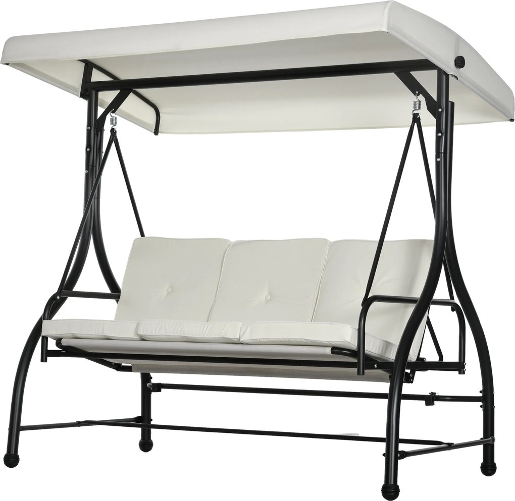 Dondolo Letto da Giardino 3 Posti con Tettuccio Regolabile 195x117x175 cm in Acciaio e Poliestere Crema e Nero...