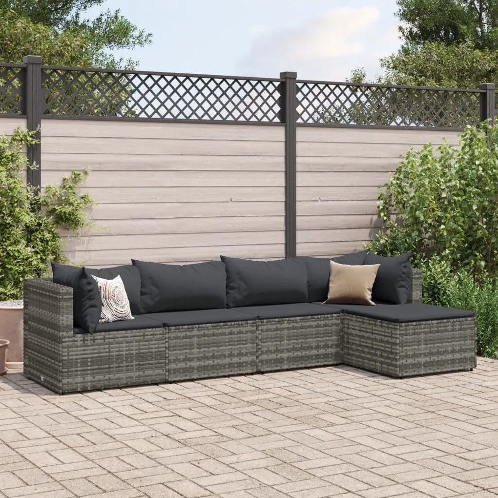 Set divani da giardino 5 pz con cuscini in polyrattan grigio