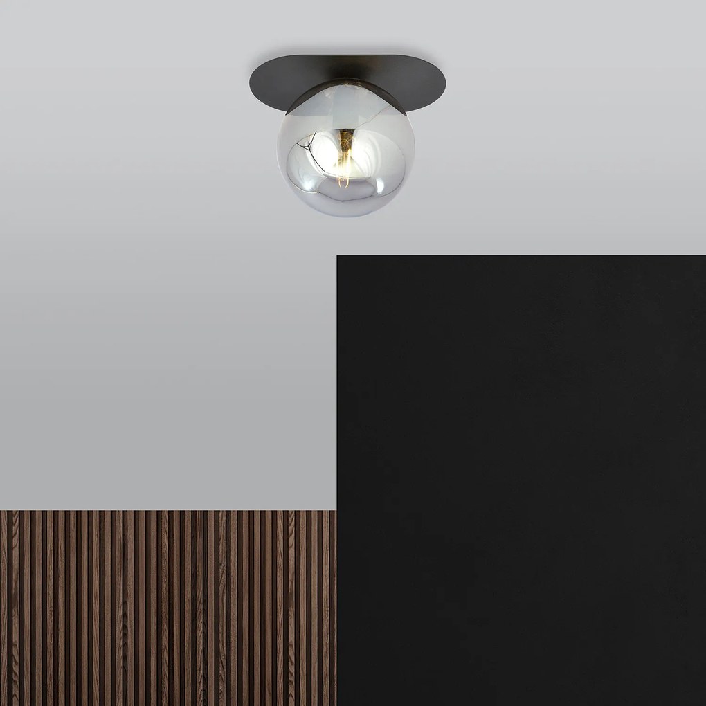 Plafoniera Minimal 1 Luce Teia In Acciaio Nero E Sfera Vetro Fumè