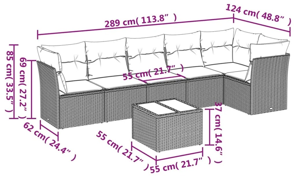 Set divani da giardino 7pz con cuscini grigio chiaro polyrattan