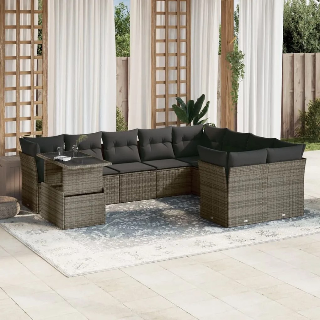 Set divano da giardino 10 pz con cuscini grigio in polyrattan