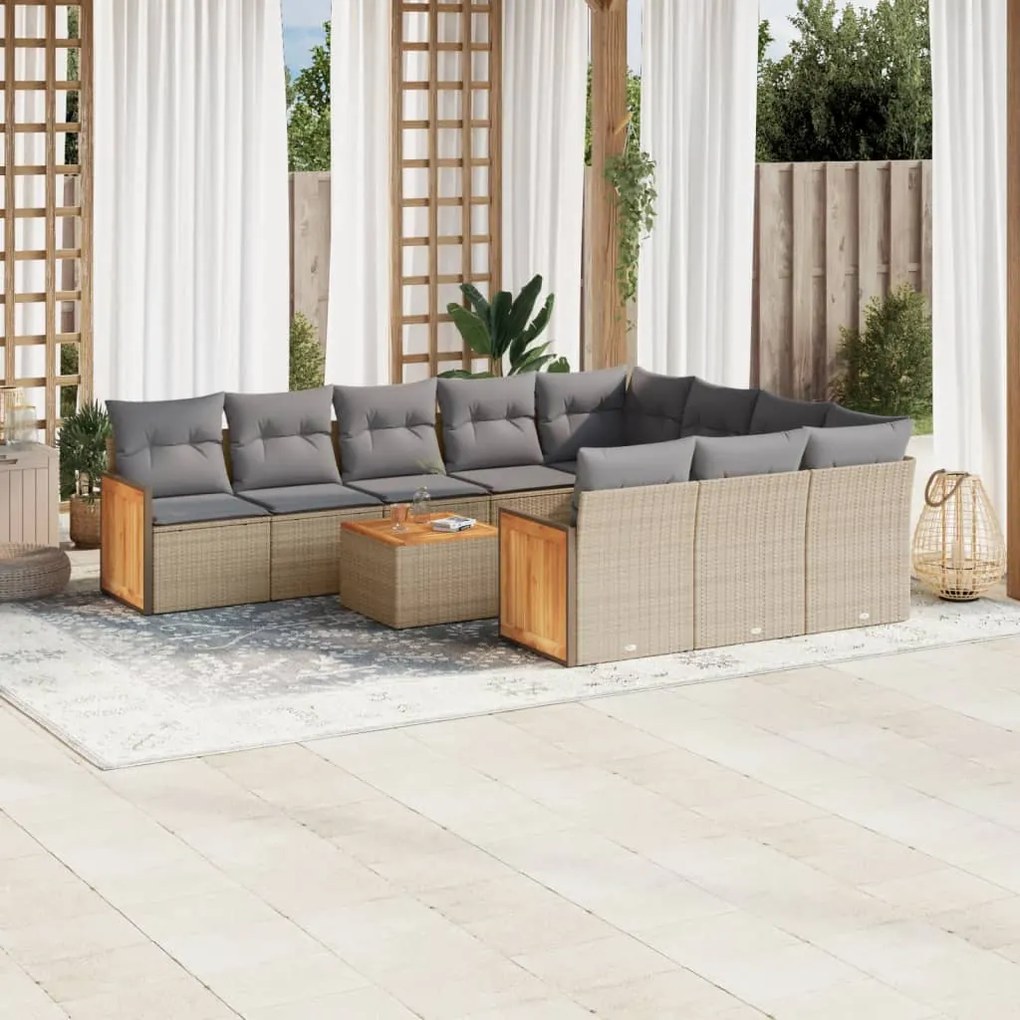 Set divani da giardino 11 pz con cuscini beige in polyrattan