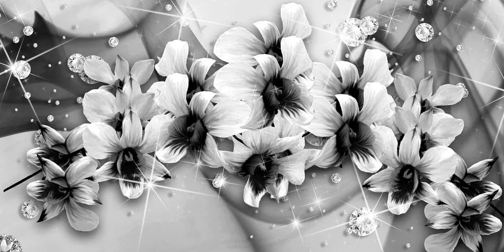 Stampa su tela – Fiori in bianco e nero su sfondo astratto