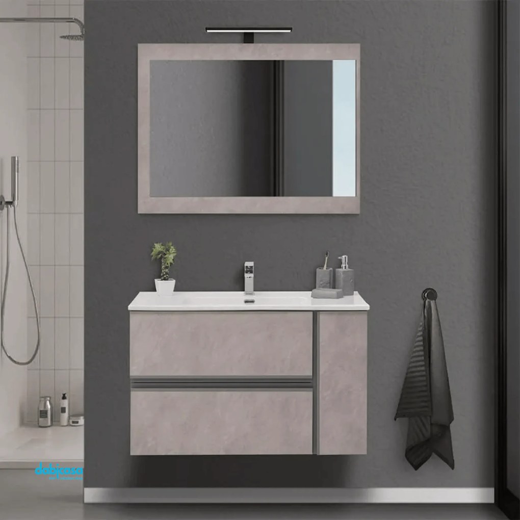 Mobile Bagno Sospeso "Oxid" Da 90 Con Due Cassetti Ed Un'Anta Lavabo E Specchio Finitura Beton Cenere