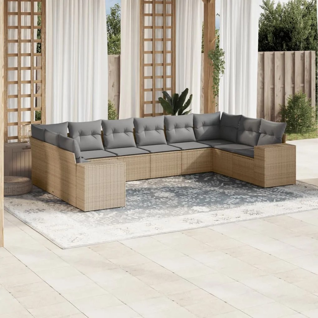 Set divano da giardino 10 pz con cuscini beige in polyrattan