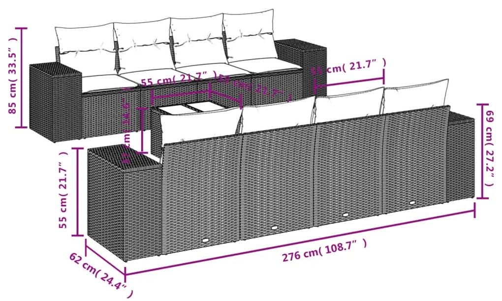 Set Divano da Giardino 9 pz con Cuscini Grigio in Polyrattan