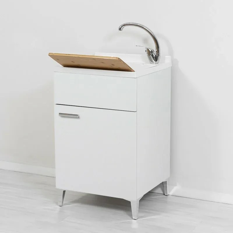 Mobile lavatoio bianco 50x50 cm vasca in resina e asse lavapanni Desya