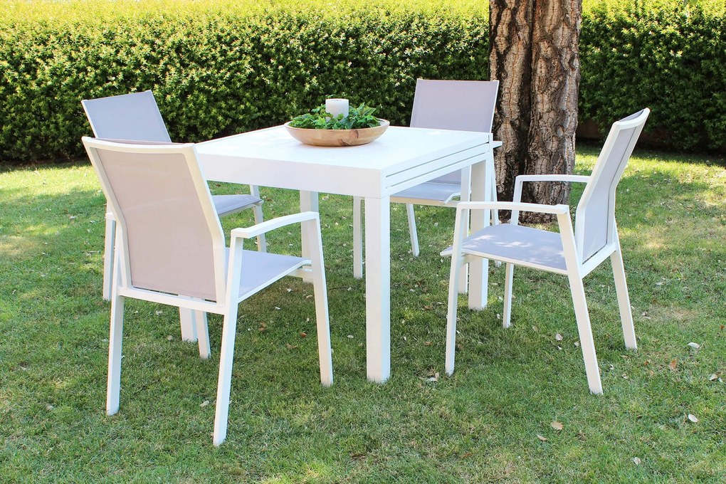 JERRI - set tavolo in alluminio cm 90/180 x 90 x 75 h con 4 poltrone Lotus