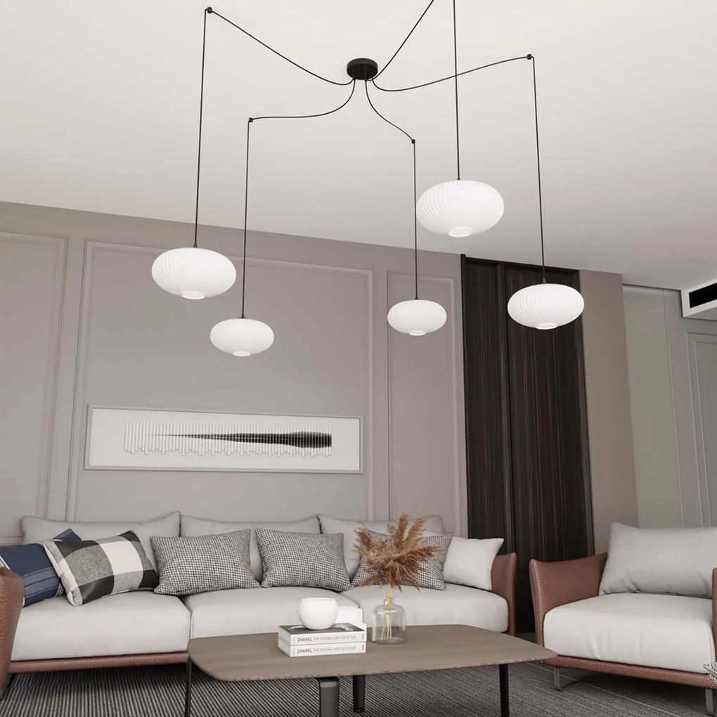 Lampadario 5 Luci Elios In Acciaio Nero Paralume Plissettato Bianco