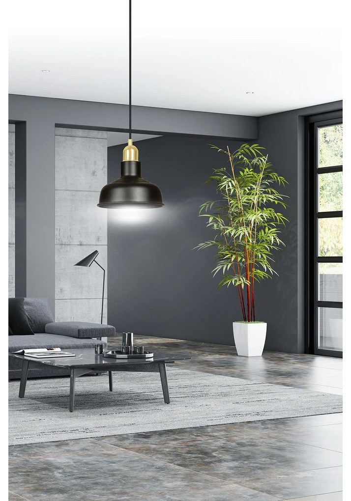 Sospensione Industrial 1 Luce Kubera In Acciaio Nero Con Elementi In Oro