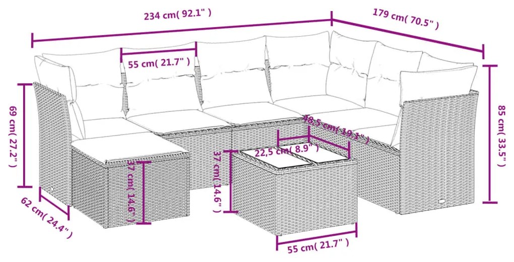 Set divani da giardino con cuscini 8 pz nero in polyrattan