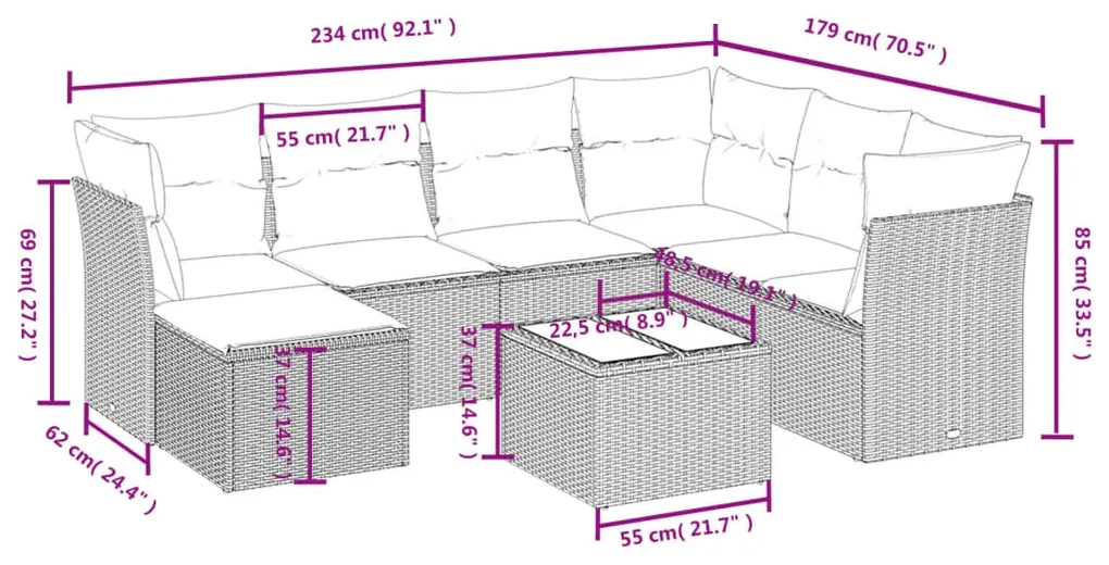 Set divani da giardino con cuscini 8 pz nero in polyrattan