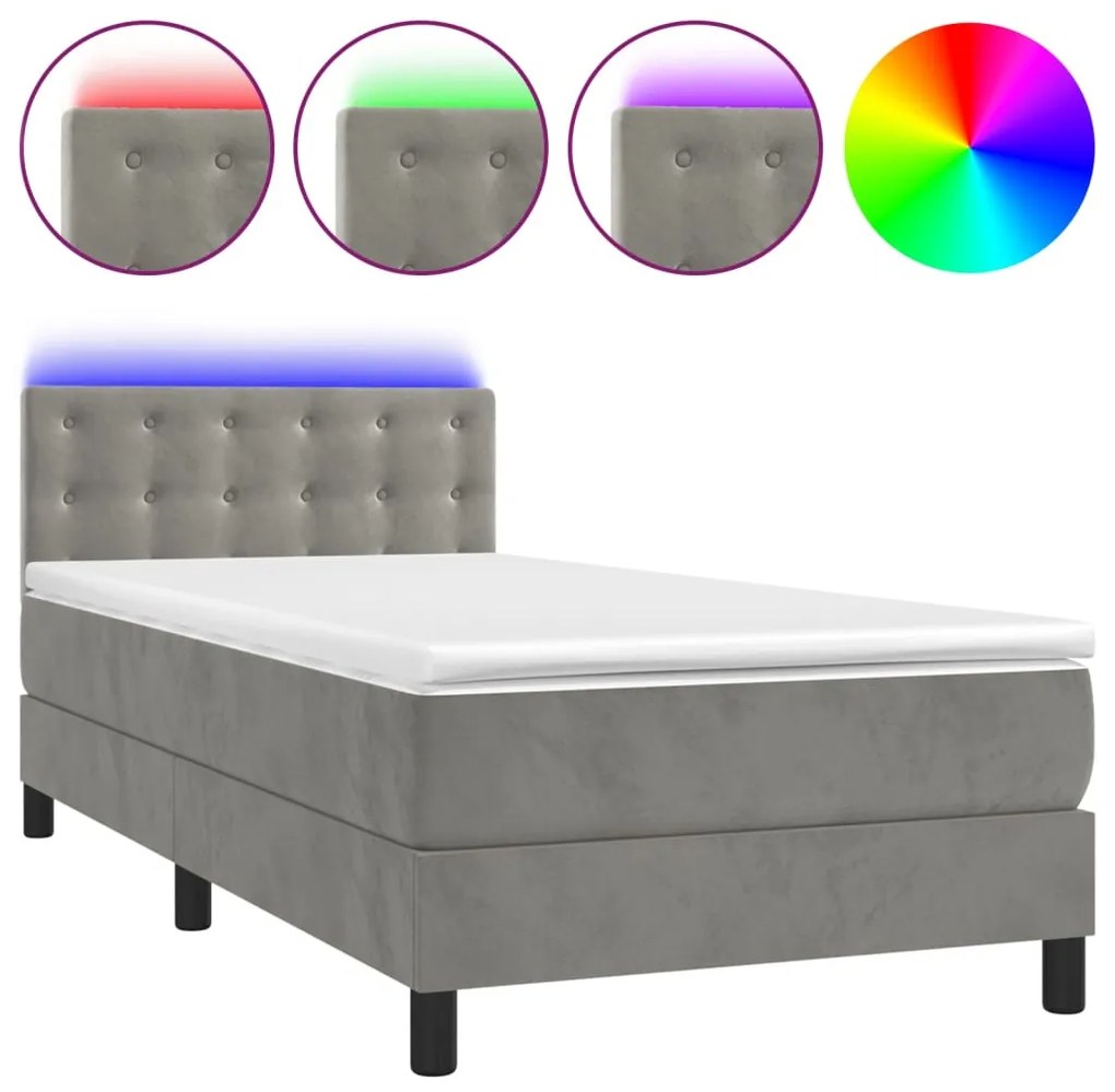 Letto a molle materasso e led grigio chiaro 90x200 cm velluto