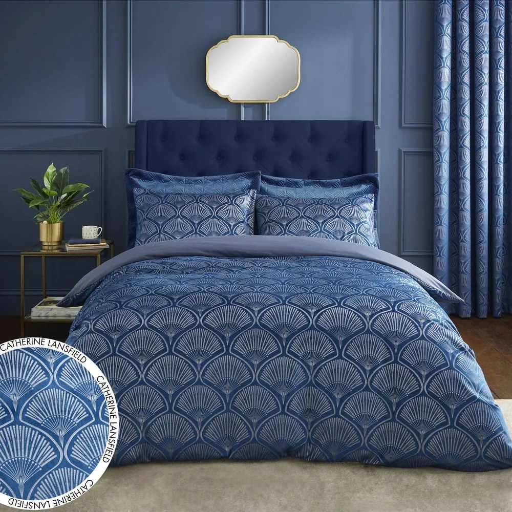 Set copripiumino e federa blu per letto matrimoniale e per letto esteso 230x220 cm Art Deco Pearl – Catherine Lansfield