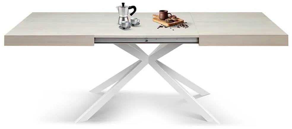 Tavolo CAMAIORE in legno, finitura olmo perla e base a X in metallo bianco, allungabile 140×90 cm – 220×90 cm