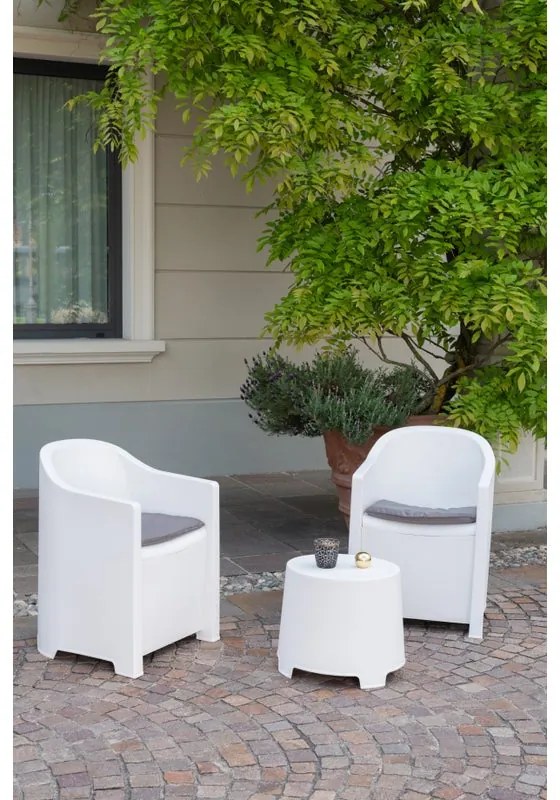 Salotto da giardino Luna bianco con cuscini in poliestere grigio per 2 persone