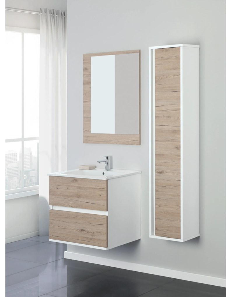 Mobile Bagno Sospeso 60 Cm Due Cassetti Specchio Feridras "Fabula" Bianco/ Rovere Di Bordeaux