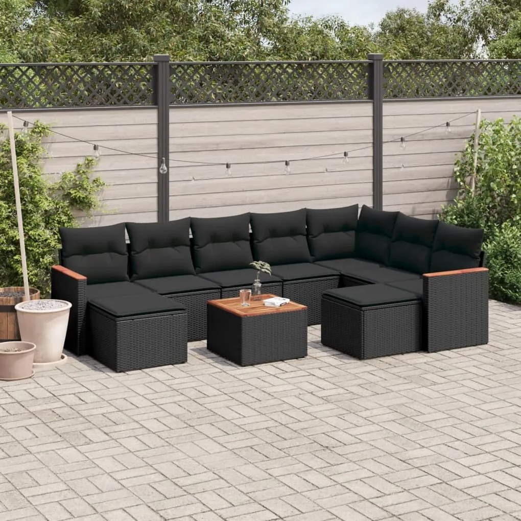 Set divani da giardino 10pz con cuscini in polyrattan nero