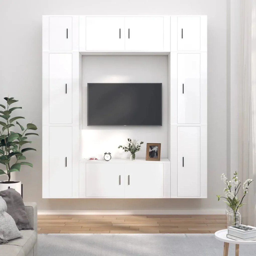 Set Mobili Porta Tv 8pz Bianco Lucido İn Legno Multistrato /